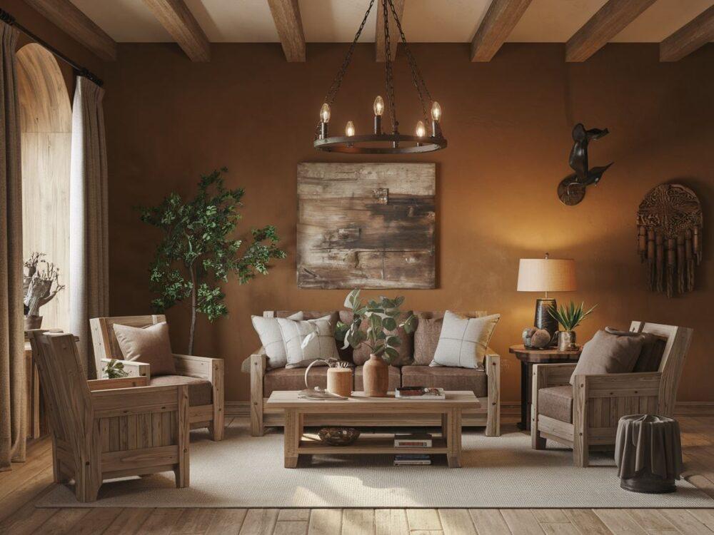 Salon w stylu rustykalnym z dopasowanymi kolorami ścian
