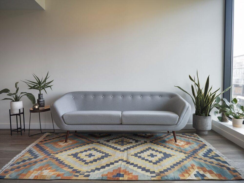 Szara kanapa otoczona stylowym dywanem w ciepłych tonach