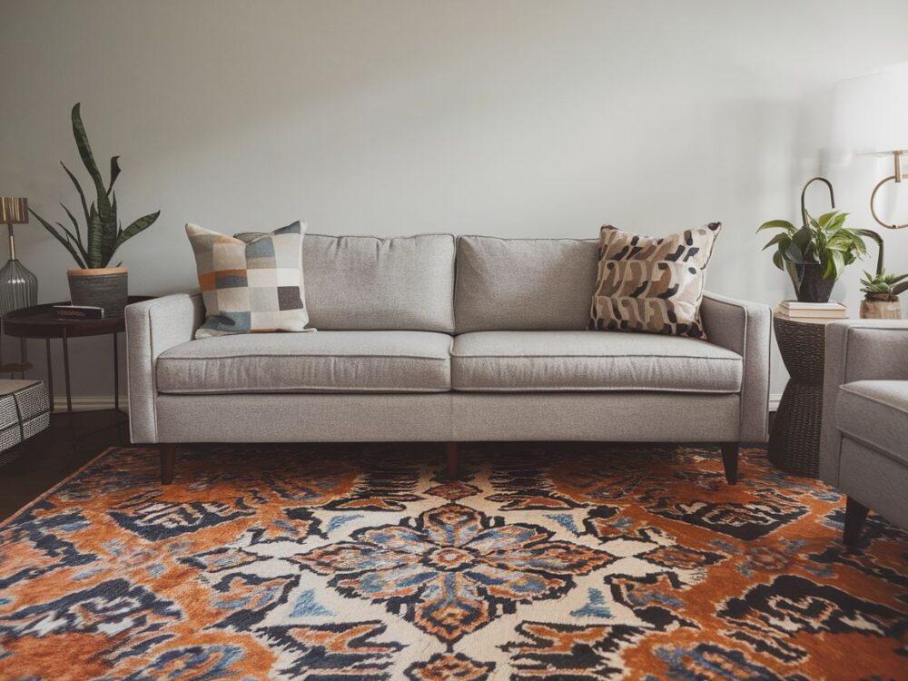 Wnętrze salonu z designerskim dywanem i szarą sofą