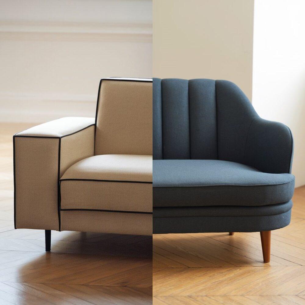 Wygodna sofa i tradycyjna kanapa w przestrzeni mieszkalnej